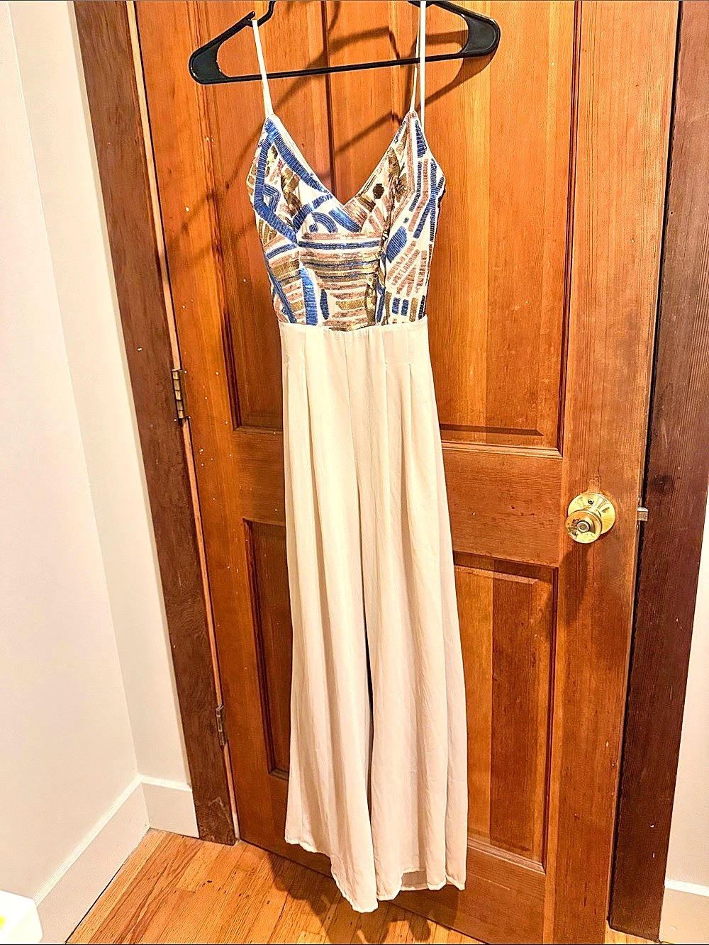 Geometric Romper / jumpsuit in Cream & Blue Like New with open back